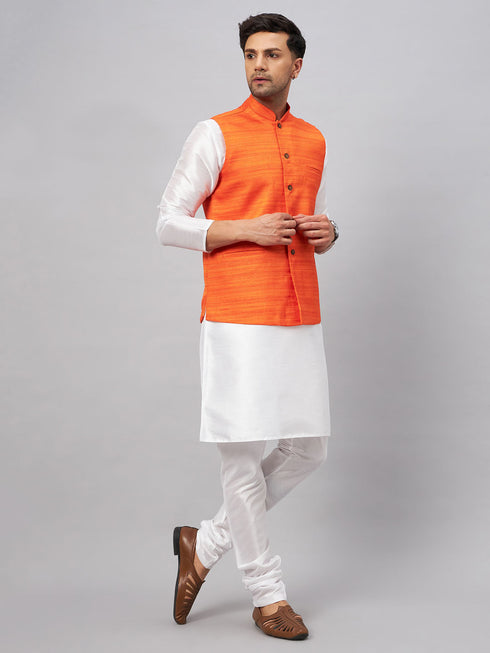 Vastramay Men's Orange Matka Silk Nehru Jacket With White Silk Blend Kurta Pyjama Set
